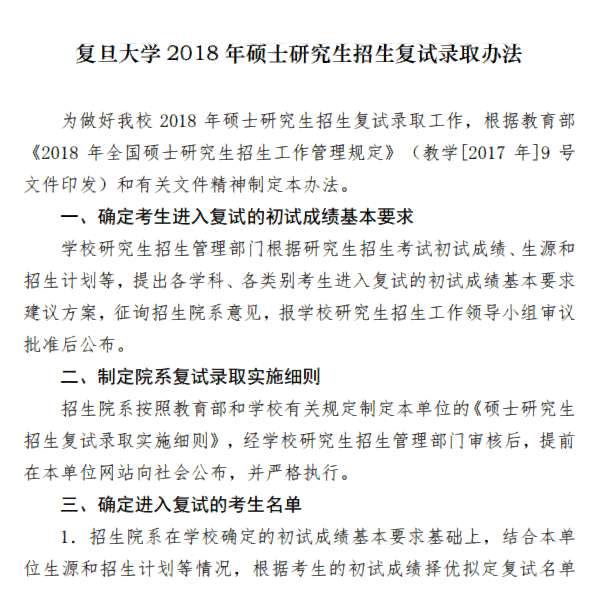 复旦大学 2018 年硕士研究生招生复试录取办法